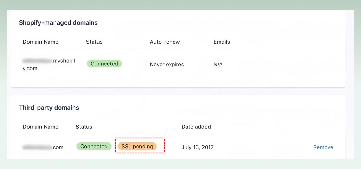 Shopify managed and third-party domain SSL status